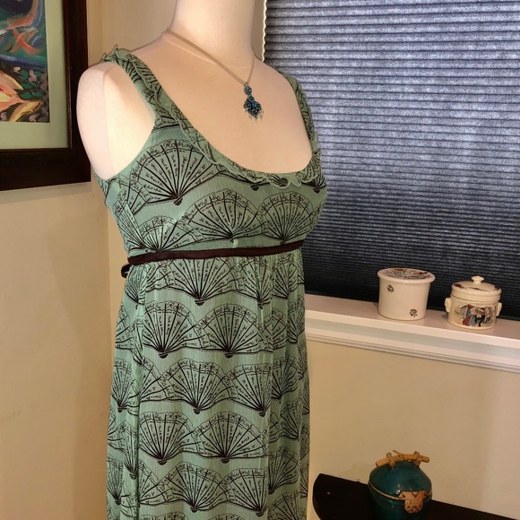 Moth Anthropologie Silk Fan Print Aqua & Brown Mini Dress size 6 / New w Tag - Picture 2 of 10